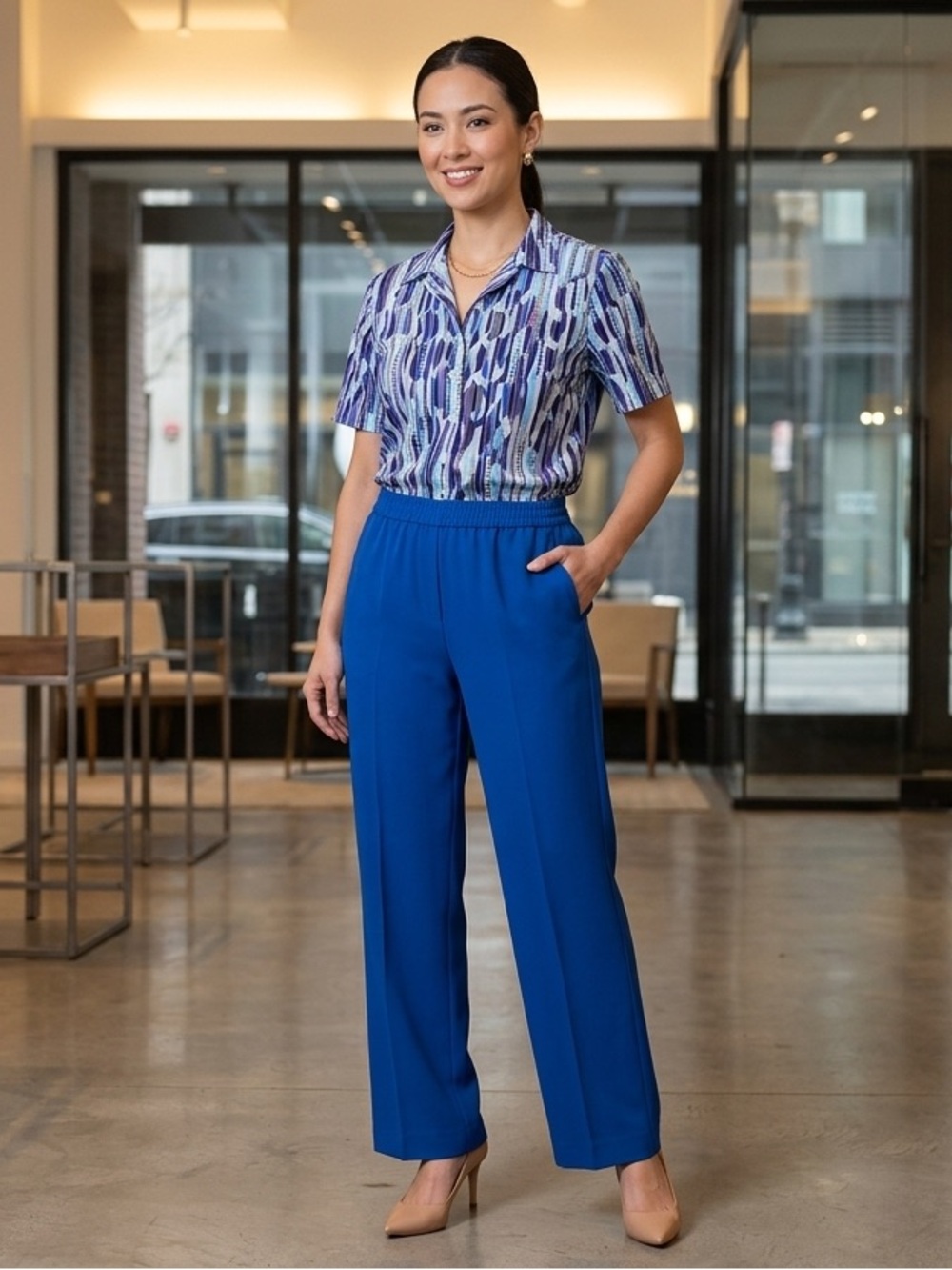 Matching Set – Blue Patterned Short Sleeve Blouse & High-Waist Trousers Co-ord